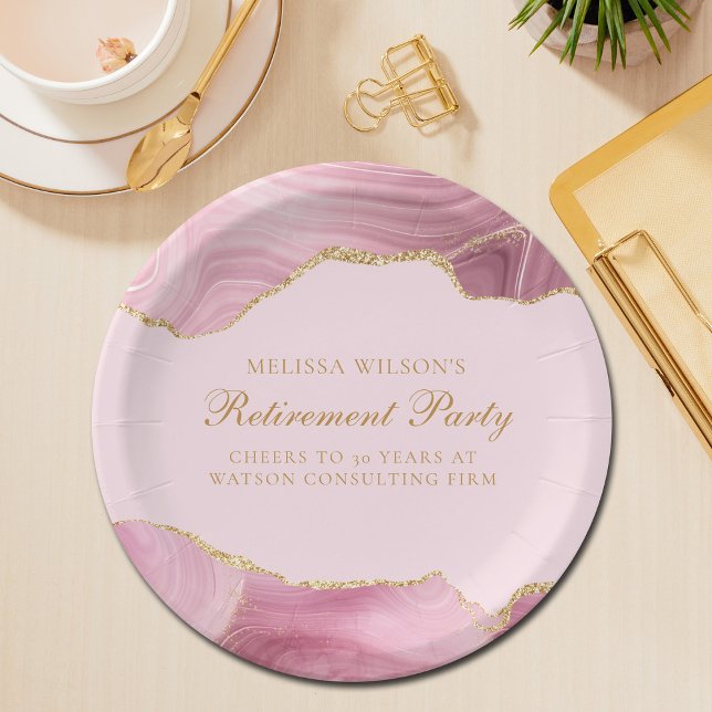 Chic Retirement Party Pink Gold Agate Custom Paper Plates (Creator Uploaded)