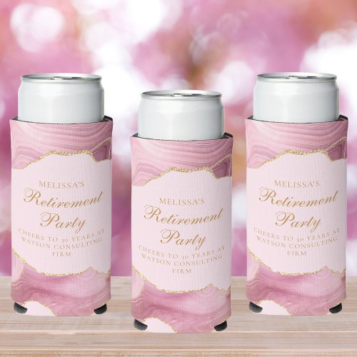 Chic Retirement Party Pink Gold Agate Custom Seltzer Can Cooler