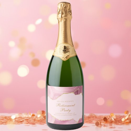 Chic Retirement Party Pink Gold Agate Custom Sparkling Wine Label