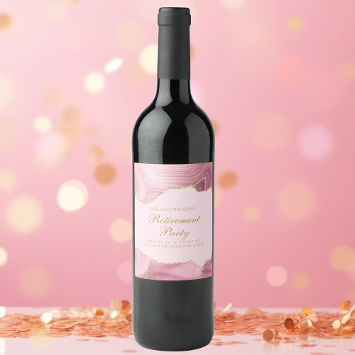 Chic Retirement Party Pink Gold Agate Custom Wine Label