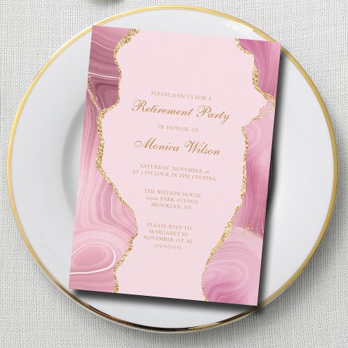 Chic Retirement Party Pink Gold Agate Invitation