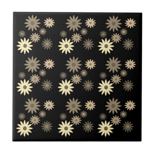 Chic Retro 70s Abstract Daisy Flowers Print Black Ceramic Tile