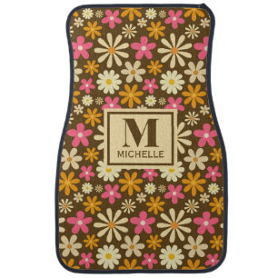Chic Retro 70s Groovy Hippie Flower Monogram Car Floor Mat