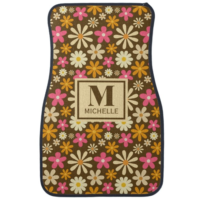 Chic Retro 70s Groovy Hippie Flower Monogram Car Floor Mat (Front)
