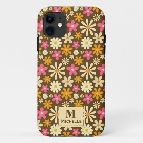 Chic Retro 70s Groovy Hippie Flower Monogram iPhone 11 Case