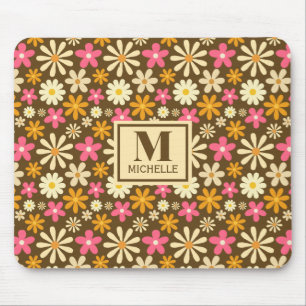 Chic Retro 70s Groovy Hippie Flower Monogram Mouse Pad