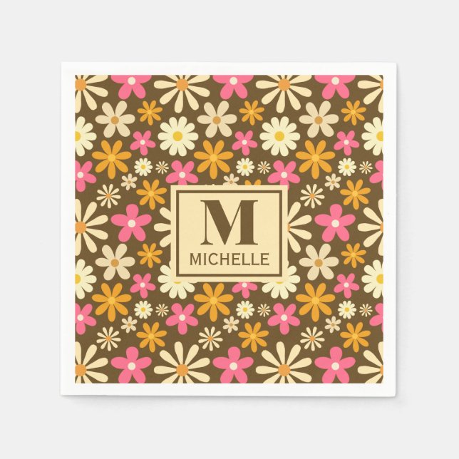 Chic Retro 70s Groovy Hippie Flower Monogram Napkins (Front)