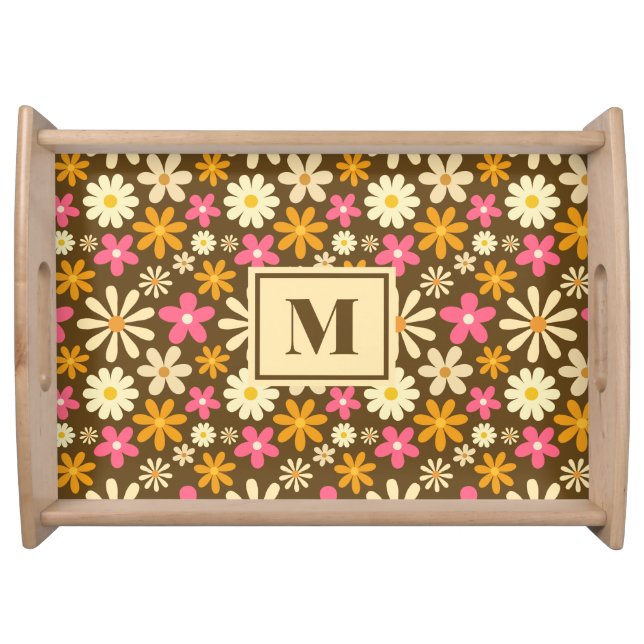 Chic Retro 70s Groovy Hippie Flower Monogram Serving Tray (Front)