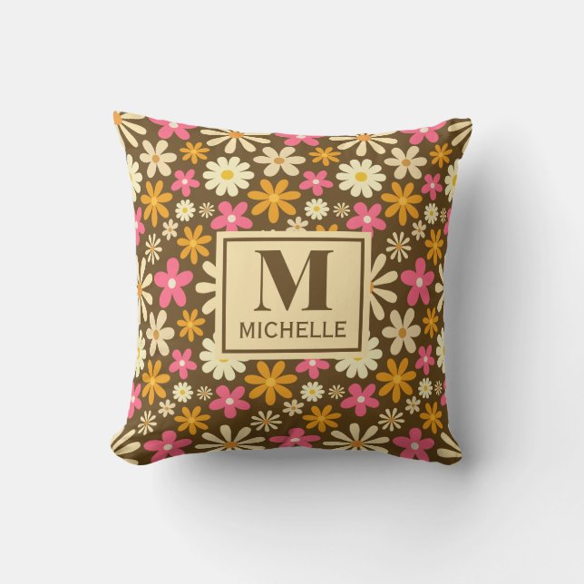 Chic Retro 70s Groovy Hippie Flower Monogram Throw Pillow (Front)