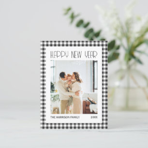 Chic Retro Black Gingham Plaid New Year Photo  Postcard