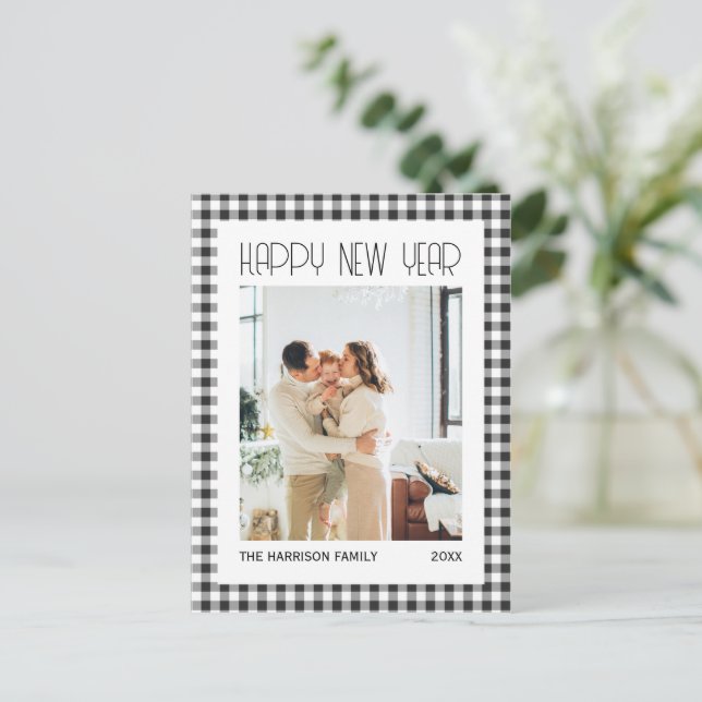 Chic Retro Black Gingham Plaid New Year Photo  Postcard (Standing Front)