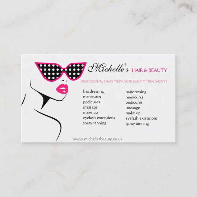 Chic Retro Black Pink Polka Dot Sunglasses Beauty  Business Card (Front)