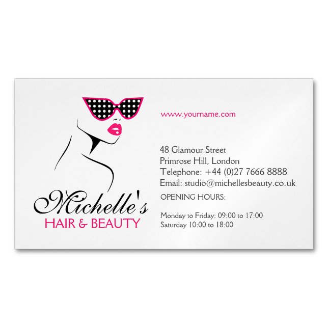 Chic Retro Black Pink Polka Dot Sunglasses Beauty  Business Card Magnet (Front)