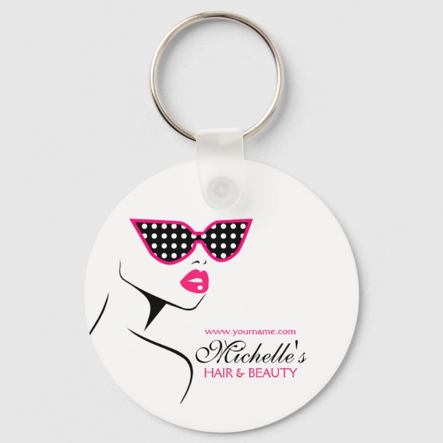 Chic Retro Black Pink Polka Dot Sunglasses Beauty  Keychain (Front)