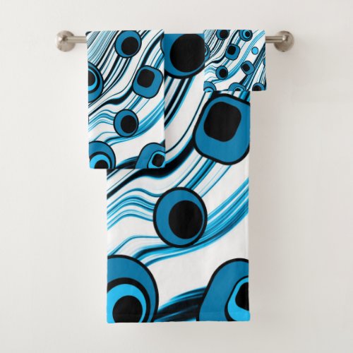Chic Retro Blue with Black and White Groovy Wavy Bath Towel Set