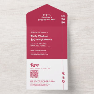 Chic Retro Bold Hot Pink Monogram QR Code Wedding All In One Invitation