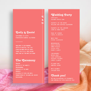 Chic Retro Coral Pink Monogram Wedding Program