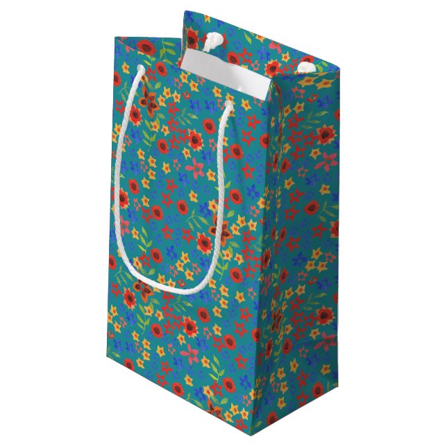 Chic Retro Ditsy Floral on Teal Small Gift Bag (Back Angled)