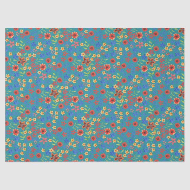 Chic Retro Ditsy Floral on Teal Tissue Paper (Front)
