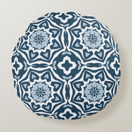 Chic Retro Dutch Delfts Blue Mosaic Pattern Round Pillow