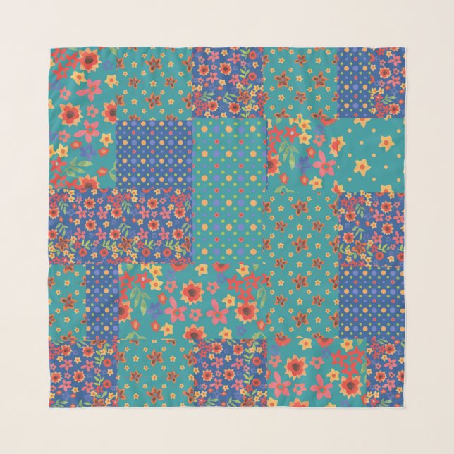 Chic Retro Floral Faux Patchwork Print on Teal Scarf (Front)
