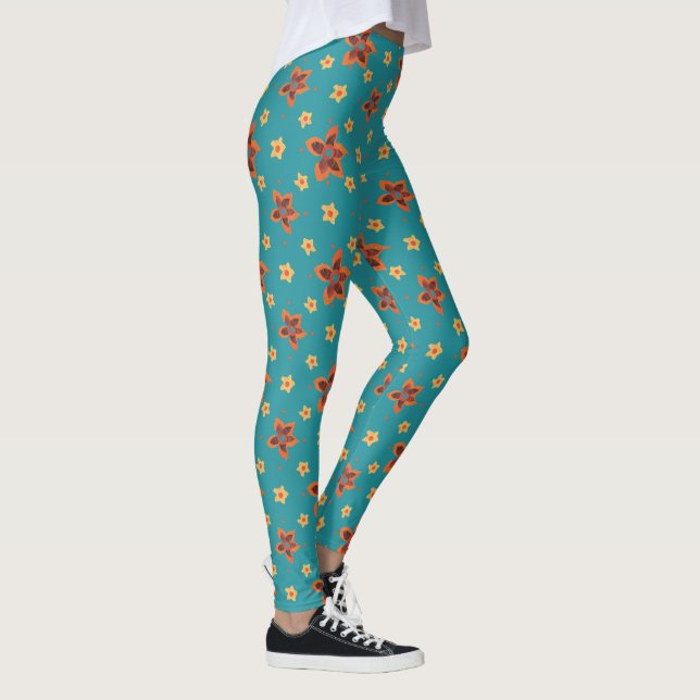 Chic Retro Floral Granny Print on Teal Leggings (Right)