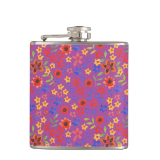 Chic Retro Floral Mini-print on Magenta Hip Flask