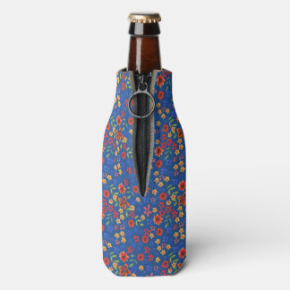 Chic Retro Floral Miniprint on Blue Bottle Cooler