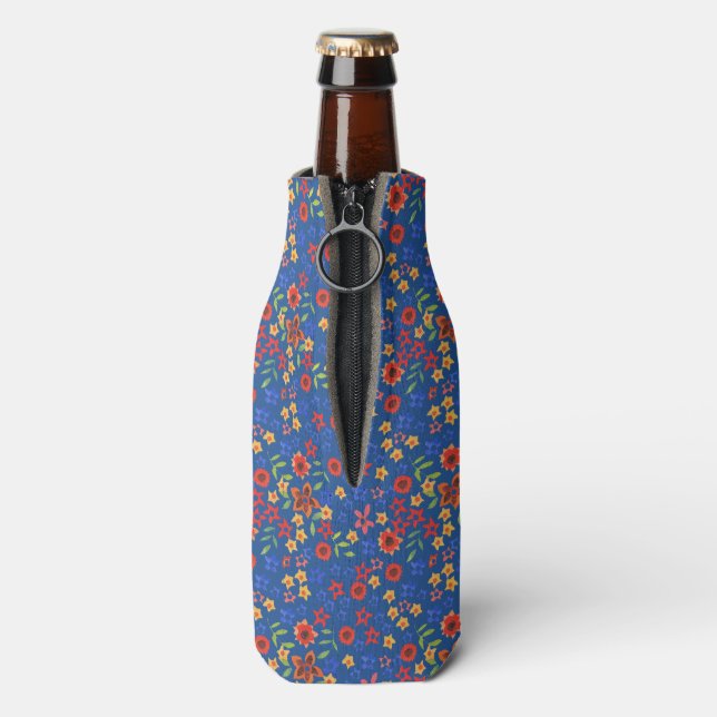 Chic Retro Floral Miniprint on Blue Bottle Cooler (Bottle Back)