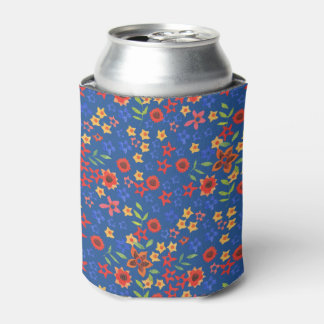Chic Retro Floral Miniprint on Blue Can Cooler