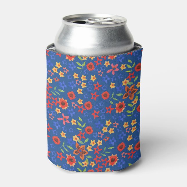 Chic Retro Floral Miniprint on Blue Can Cooler (Can Front)