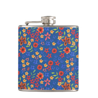 Chic Retro Floral Miniprint on Blue Hip Flask