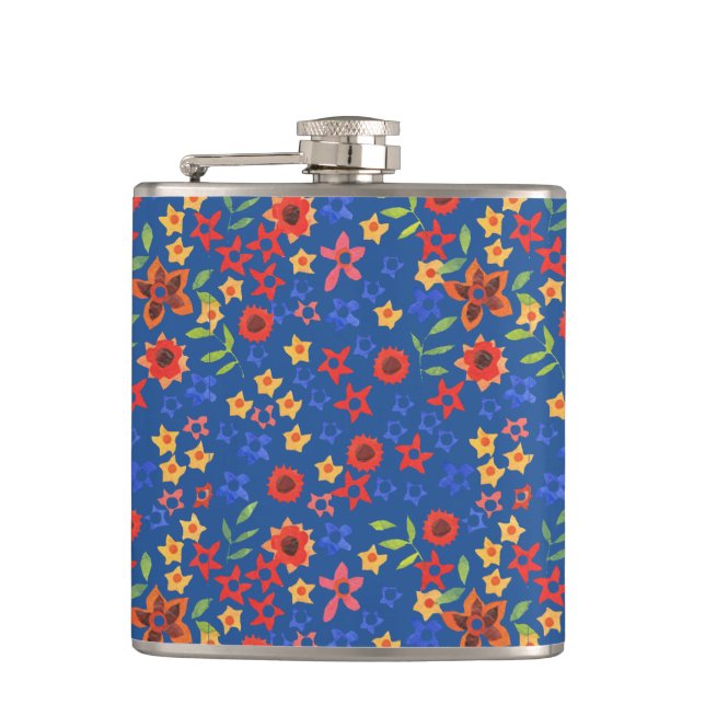 Chic Retro Floral Miniprint on Blue Hip Flask (Front)
