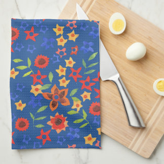 Chic Retro Floral Miniprint on Blue Kitchen Towel