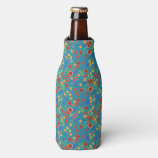 Chic Retro Floral Miniprint on Teal Bottle Cooler