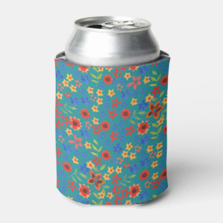 Chic Retro Floral Miniprint on Teal Can Cooler