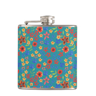 Chic Retro Floral Miniprint on Teal Hip Flask