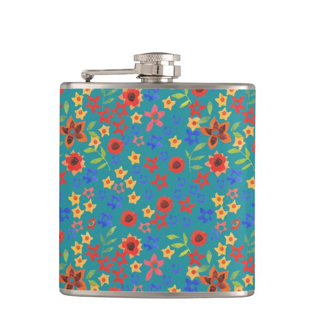 Chic Retro Floral Miniprint on Teal Hip Flask (Front)