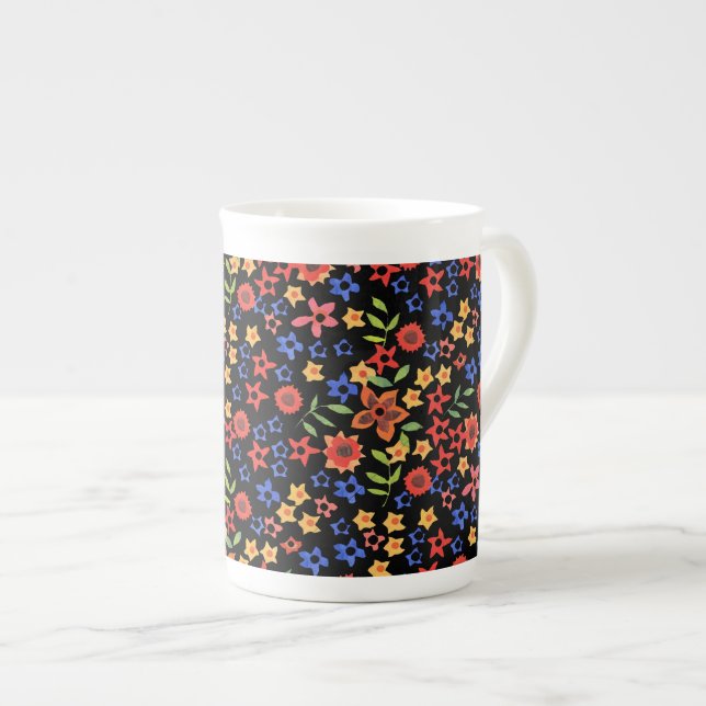 Chic Retro Floral Pattern on Black Bone China Mug (Front Right)