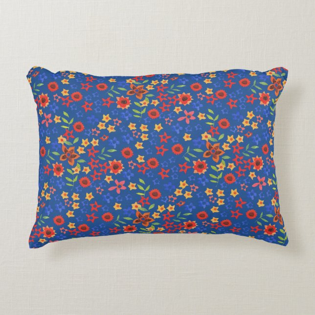 Chic Retro Floral Print on Blue Accent Pillow (Front)