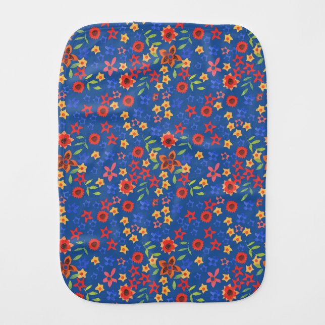 Chic Retro Floral Print on Blue Baby Burp Cloth (Front)
