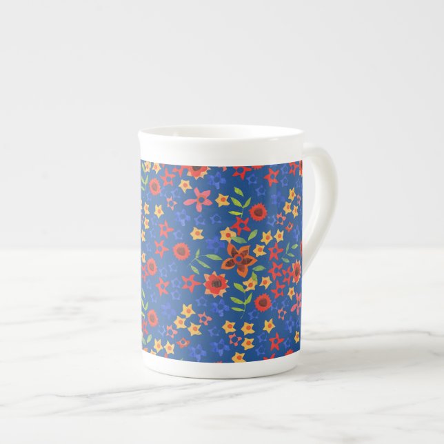 Chic Retro Floral Print on Blue Bone China Mug (Front Right)