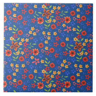 Chic Retro Floral Print on Blue Ceramic Tile