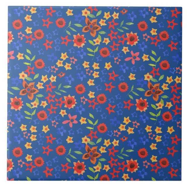 Chic Retro Floral Print on Blue Ceramic Tile (Front)