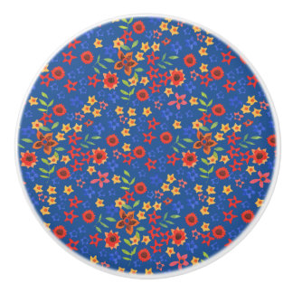 Chic Retro Floral Print on Blue Drawer Pull Knob