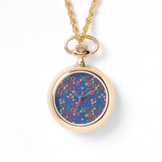 Chic Retro Floral Print on Blue Gold Wrist Watch