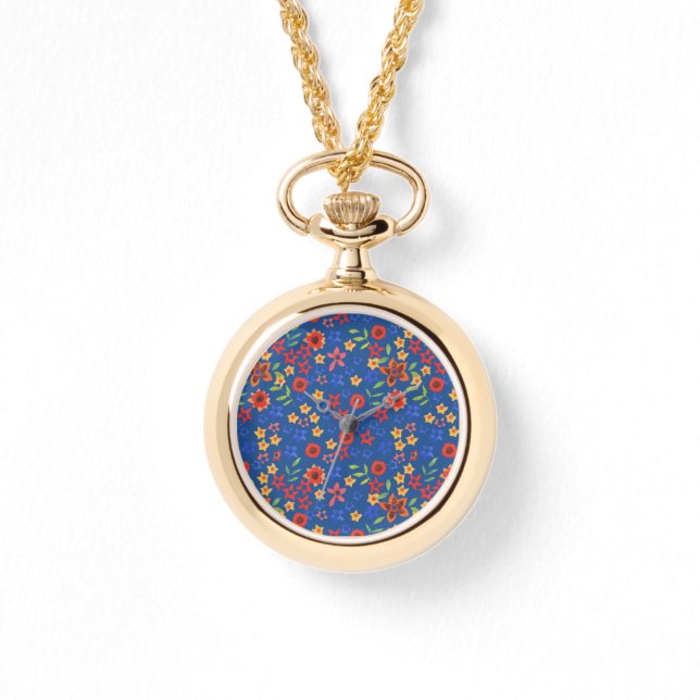 Chic Retro Floral Print on Blue Gold Wrist Watch (Front)