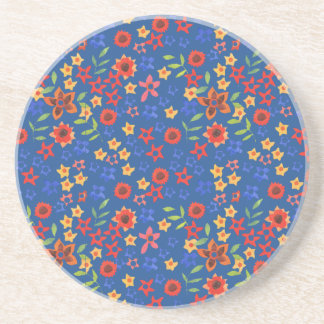 Chic Retro Floral Print on Blue Sandstone Coaster