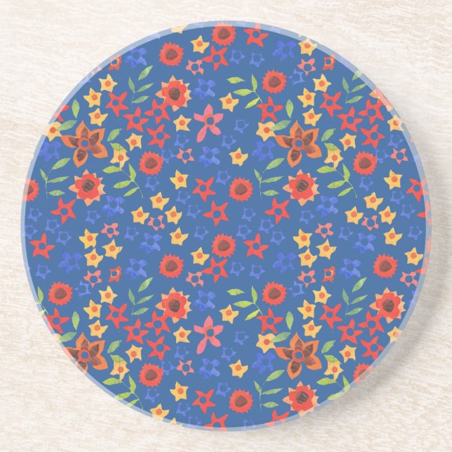 Chic Retro Floral Print on Blue Sandstone Coaster (Front)