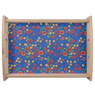 Chic Retro Floral Print on Blue Serving Tray